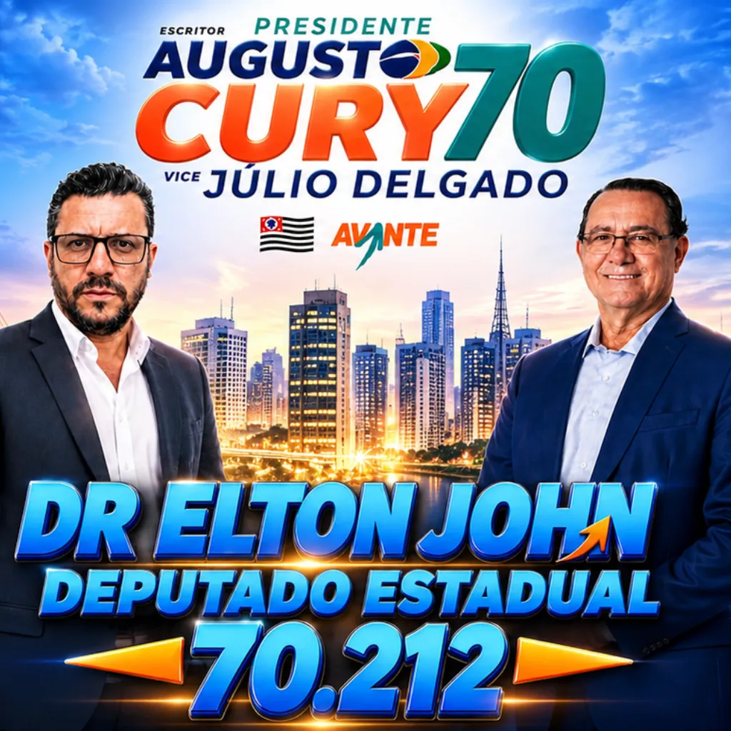Arte da campanha: Dr Elton John, deputado estadual 70.212 pelo Avante, ao lado de Augusto Cury, candidato a presidente