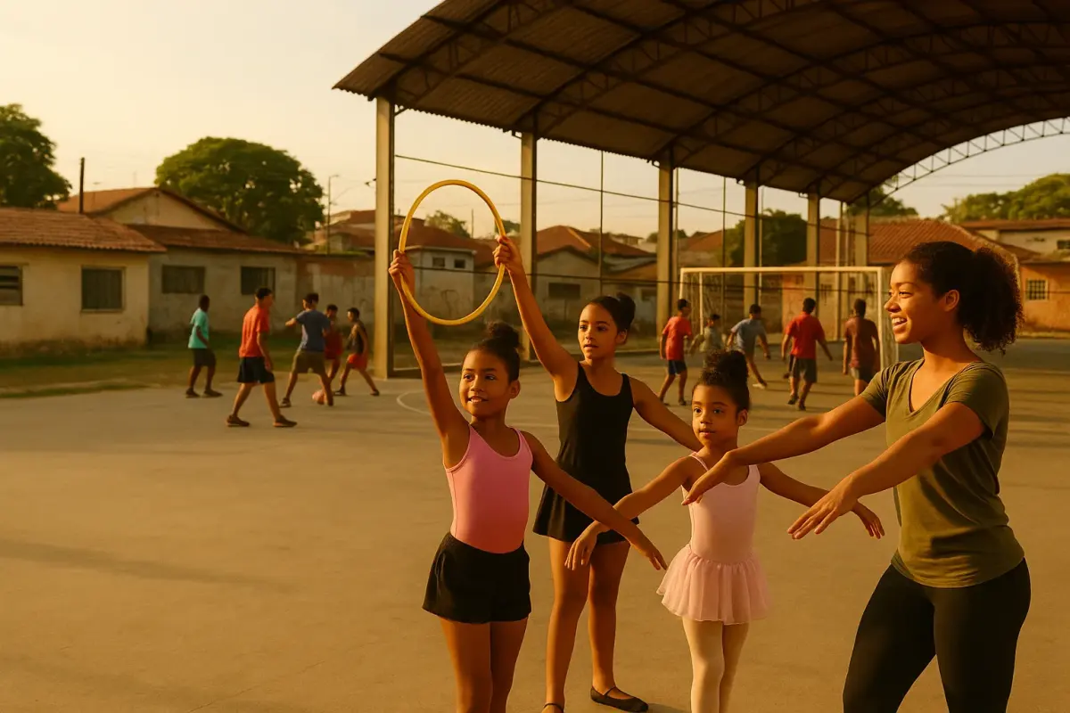 Meninas em aula de ginástica e balé em quadra comunitária, com crianças jogando bola ao fundo