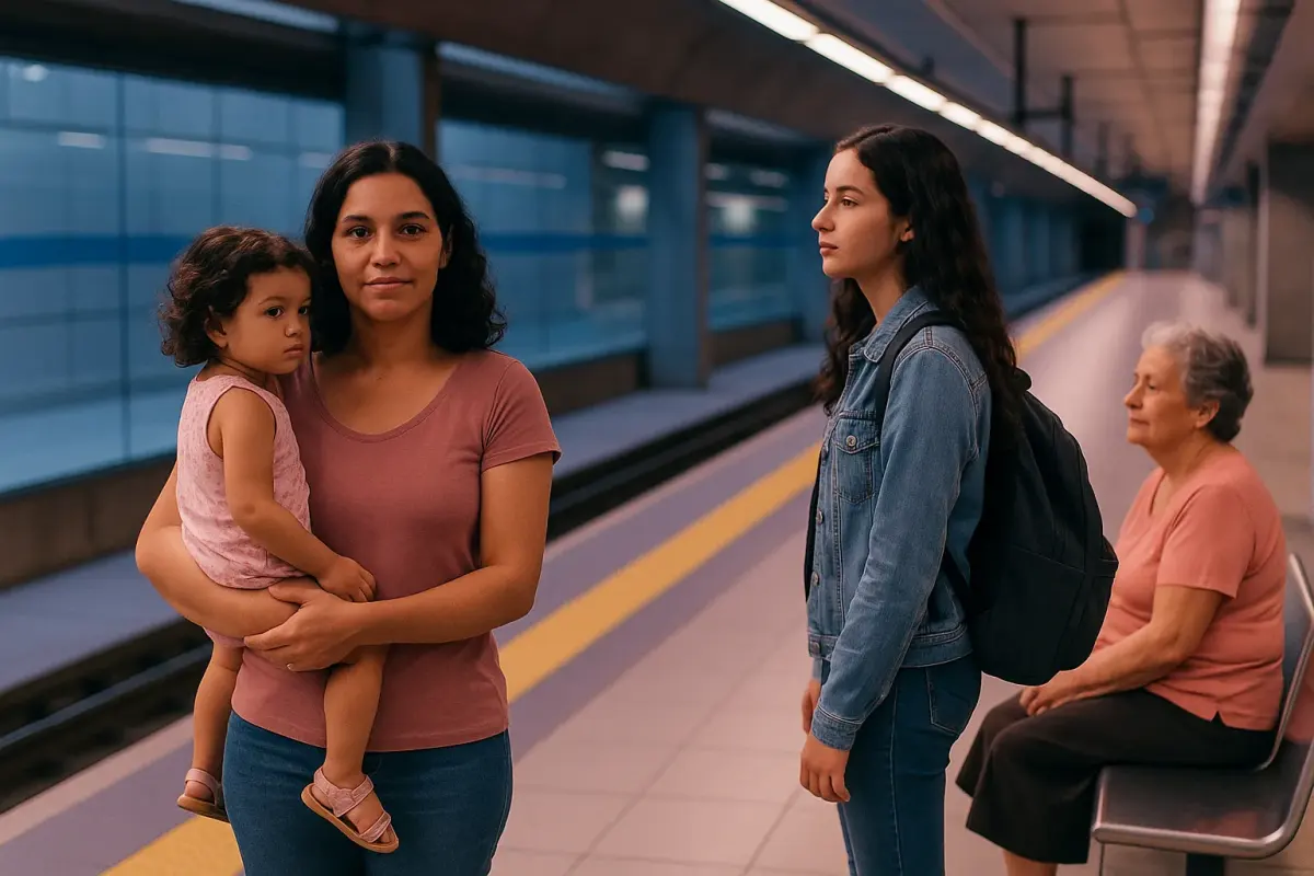 Mulheres de diferentes idades em área reservada e sinalizada de plataforma de metrô